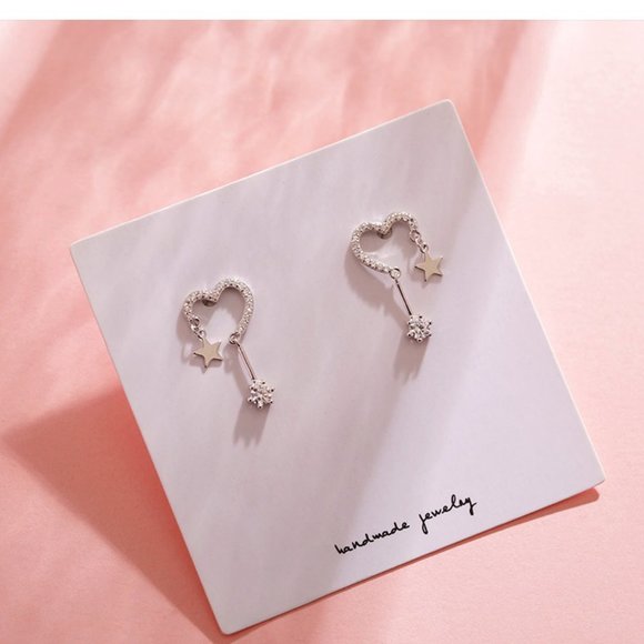 925 Sterling Silver Diamond Heart Star Earrings - Picture 6 of 6